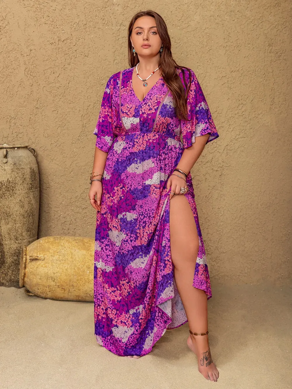 Plus Size Slit Printed Half Sleeve Maxi Dress sold by Gigi Laurent