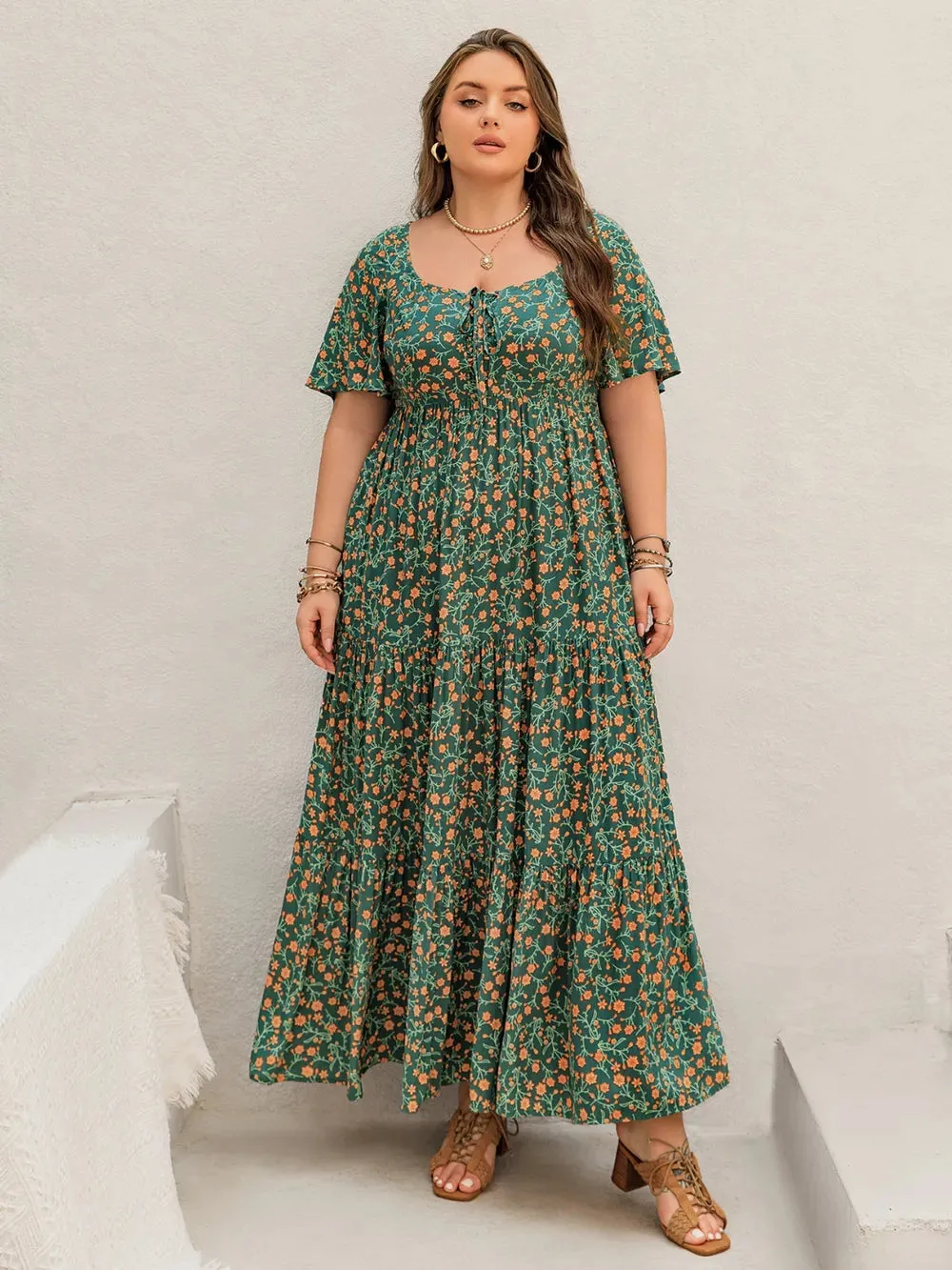 Plus Size Printed Short Sleeve Tiered Maxi Dress sold by Gigi Laurent product image thumbnail 3