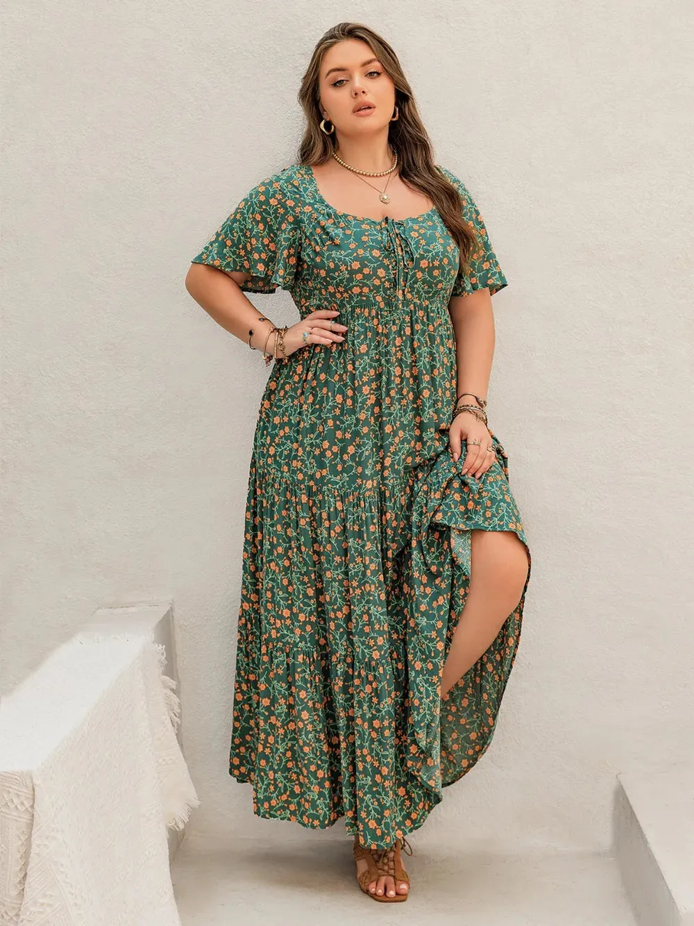 Plus Size Printed Short Sleeve Tiered Maxi Dress sold by Gigi Laurent product image thumbnail 4