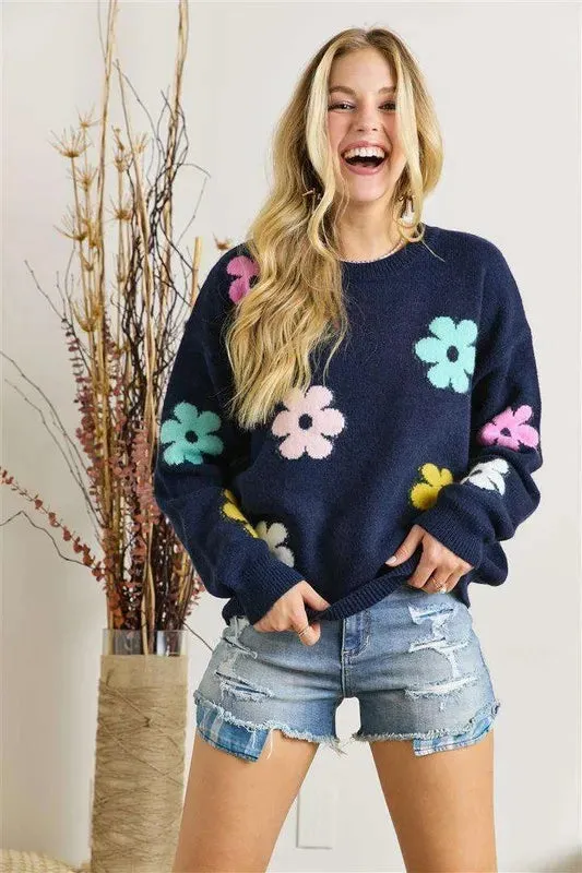 ADORA Full Size Flower Popped Sweater Plus Size sold by Gigi Laurent