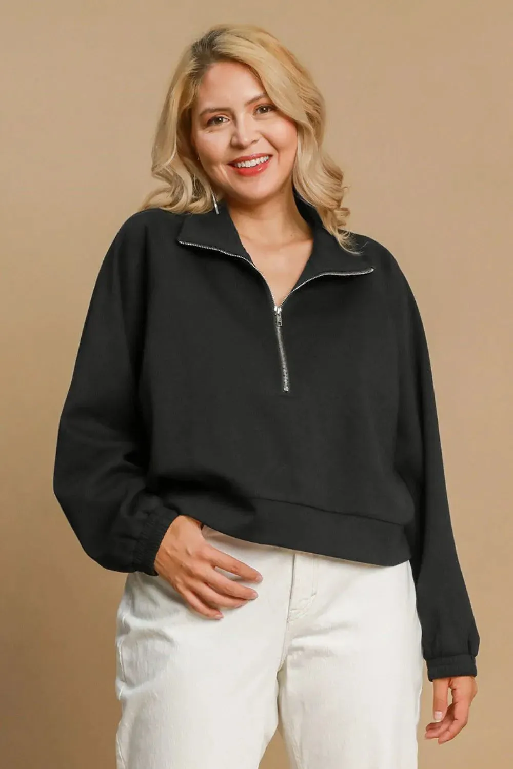 Umgee Full Size Half Zip Cropped Sweatshirt Plus Size sold by Gigi Laurent product image thumbnail 3