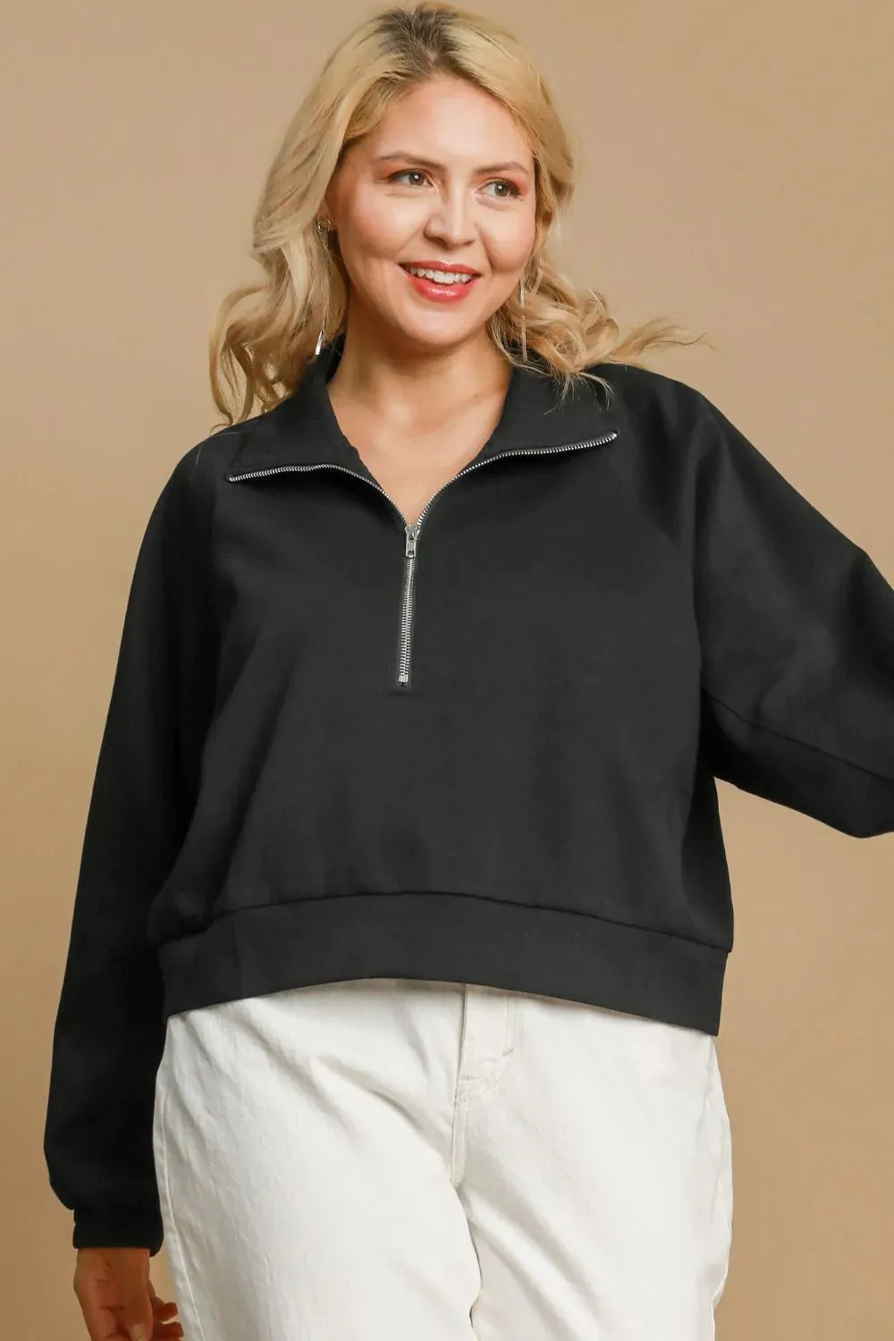 Umgee Full Size Half Zip Cropped Sweatshirt Plus Size sold by Gigi Laurent product image thumbnail 4