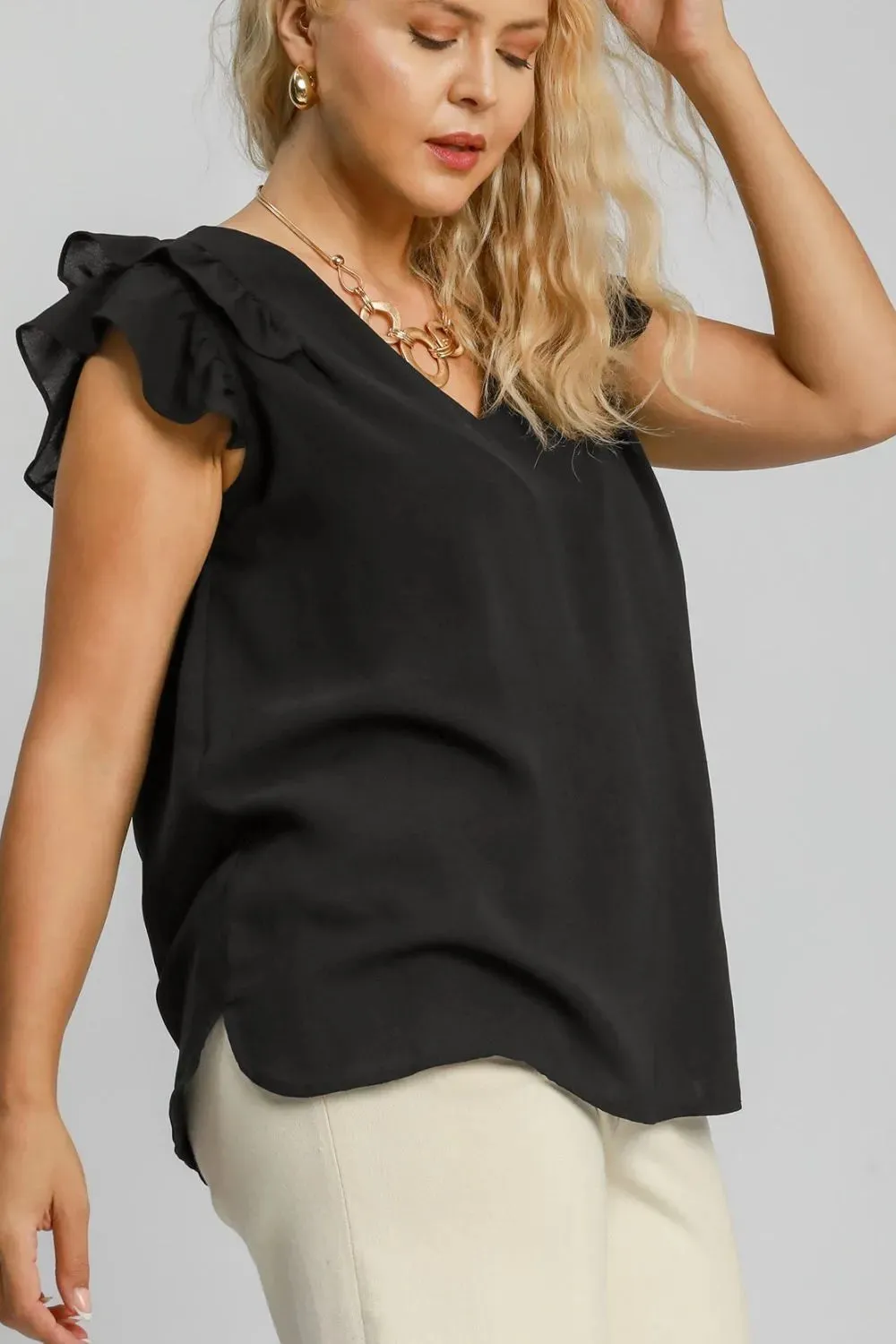 Umgee Full Size V-Neck Double Layered Ruffle Sleeve Blouse Plus Size sold by Gigi Laurent product image thumbnail 4