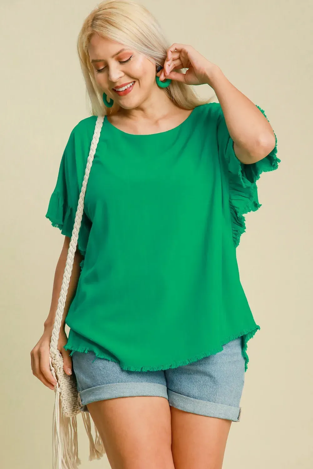 Umgee Full Size Raw Hem Ruffle Short Sleeve Blouse Plus Size sold by Gigi Laurent product image thumbnail 4