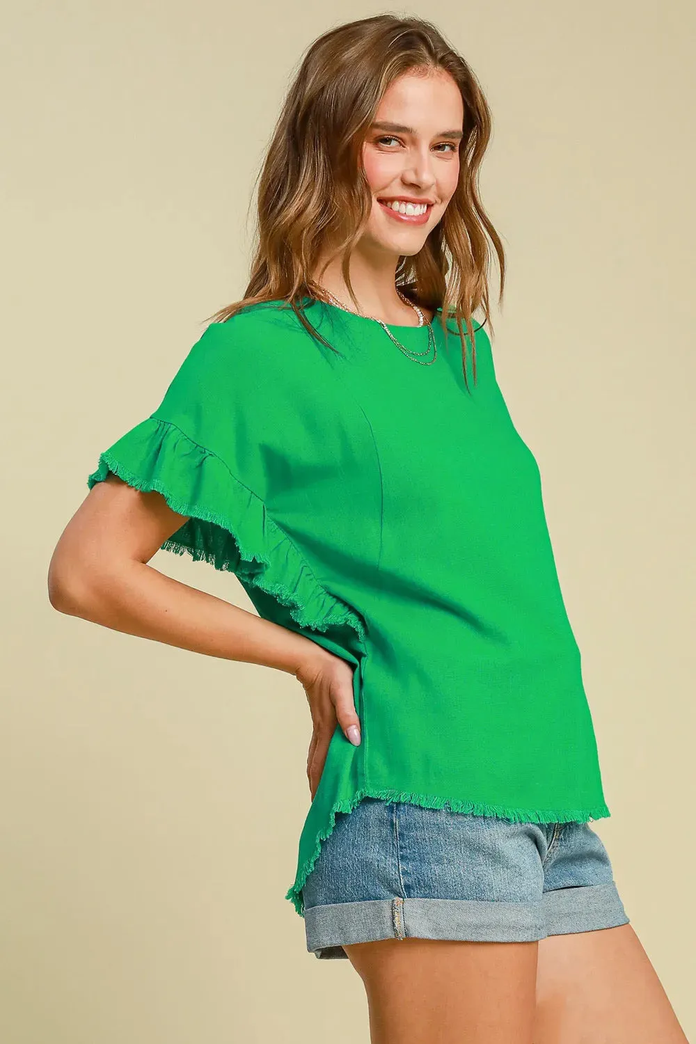 Umgee Full Size Raw Hem Ruffle Short Sleeve Blouse Plus Size sold by Gigi Laurent product image thumbnail 2