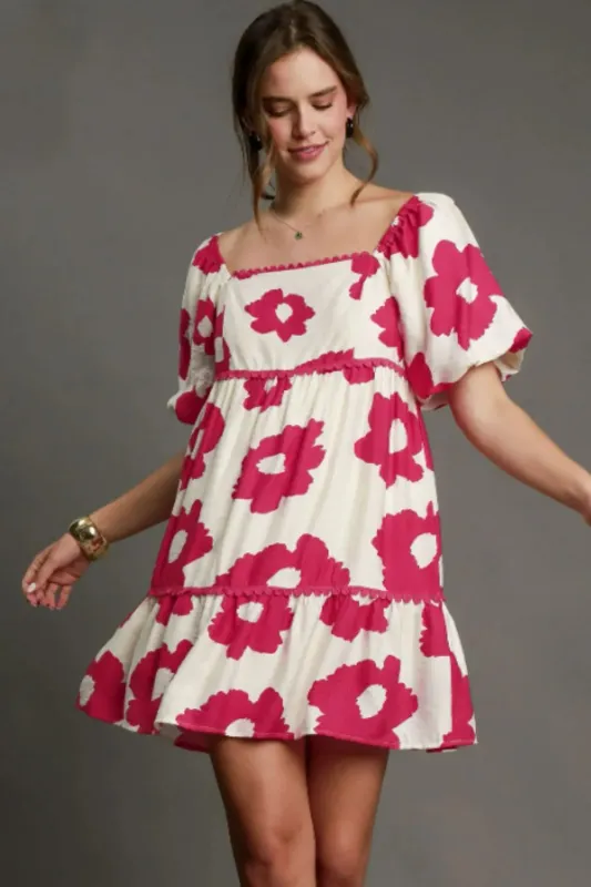 Umgee Full Size Contrast Floral Short Sleeve Mini Dress Plus Size sold by Gigi Laurent