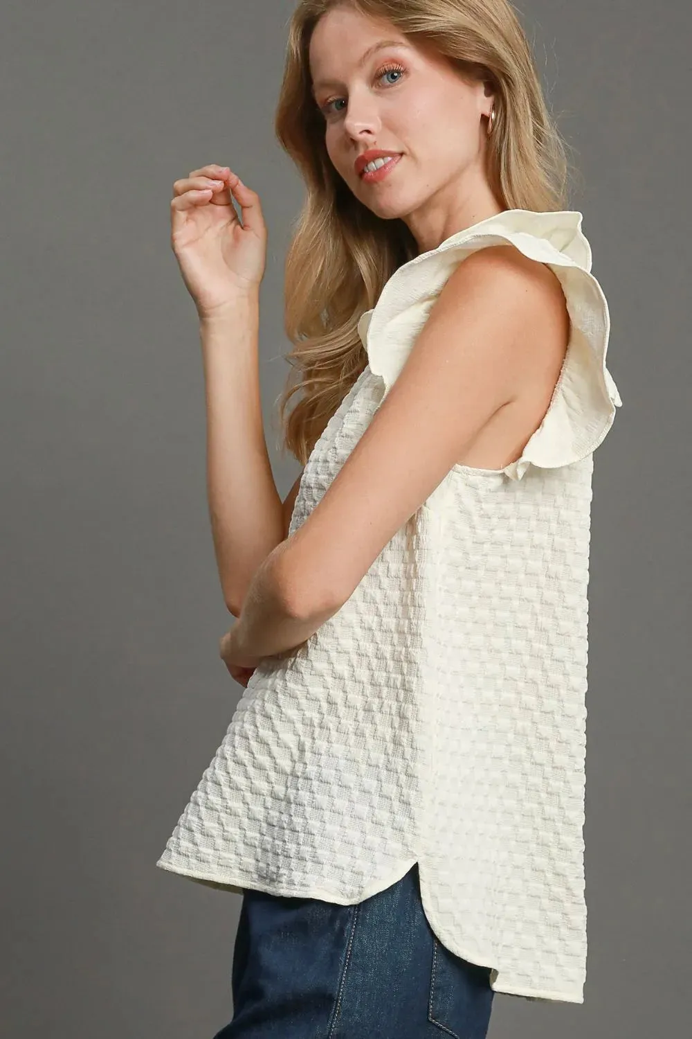 Umgee Full Size Textured Jacquard V-Neck Ruffle Cap Sleeve Blouse Plus Size sold by Gigi Laurent product image thumbnail 3