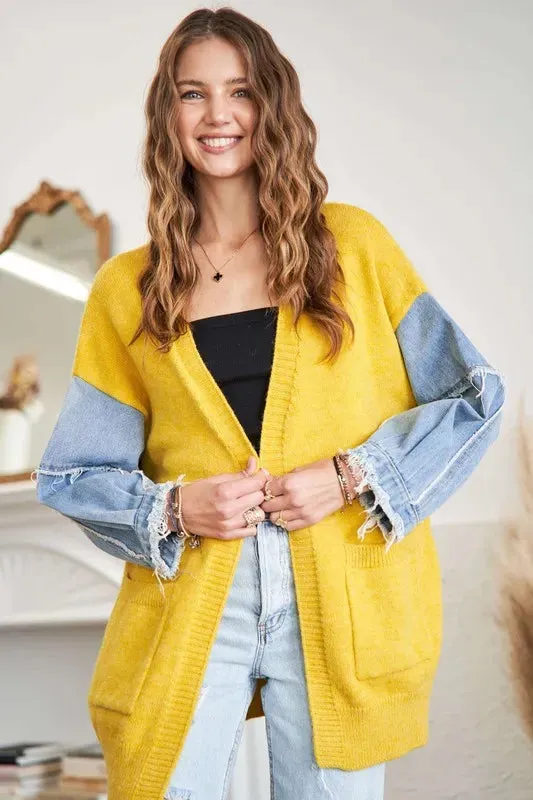 ADORA Full Size Frayed Denim Sleeve Sweater Cardigan Plus Size sold by Gigi Laurent