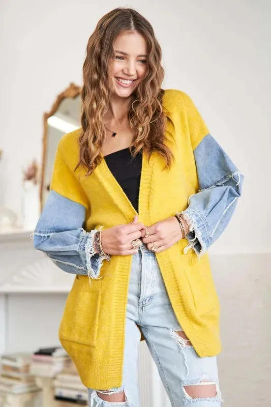ADORA Full Size Frayed Denim Sleeve Sweater Cardigan Plus Size sold by Gigi Laurent product image thumbnail 2
