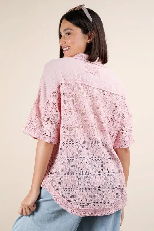 VERY J Plus Size Oversized Crochet Button Down Shirt Top sold by Gigi Laurent product image thumbnail 3