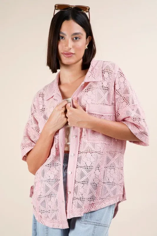 VERY J Plus Size Oversized Crochet Button Down Shirt Top sold by Gigi Laurent