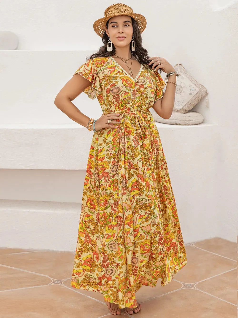 Plus Size Printed V-Neck Flutter Sleeve Tie Waist Maxi Dress sold by Gigi Laurent product image thumbnail 5