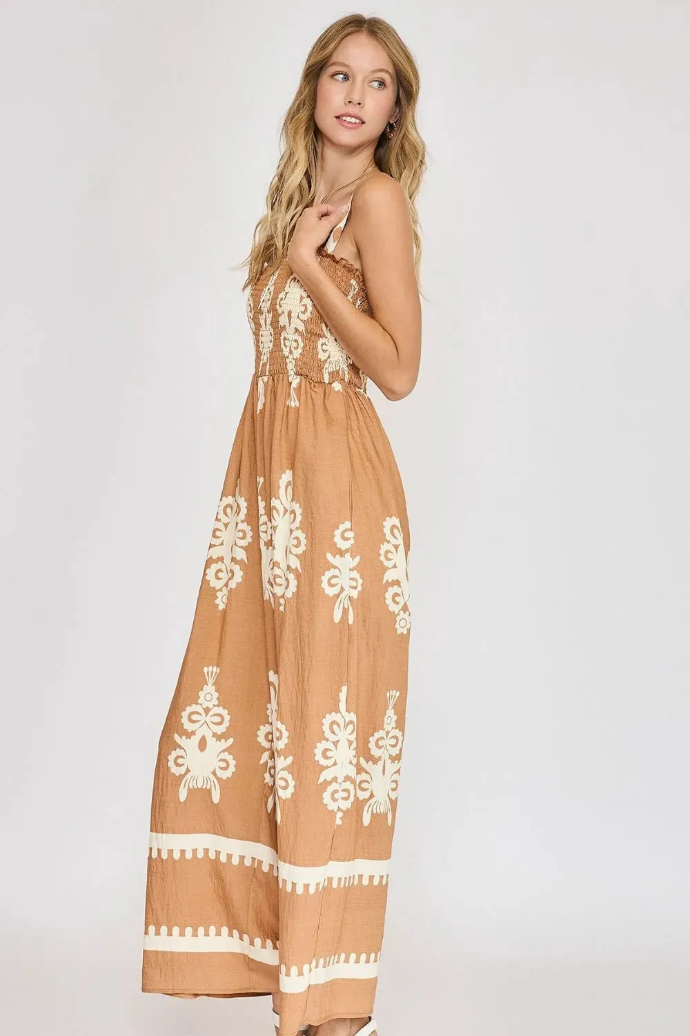 Umgee Full Size Smocked Printed Wide Leg Jumpsuit Plus Size sold by Gigi Laurent product image thumbnail 3