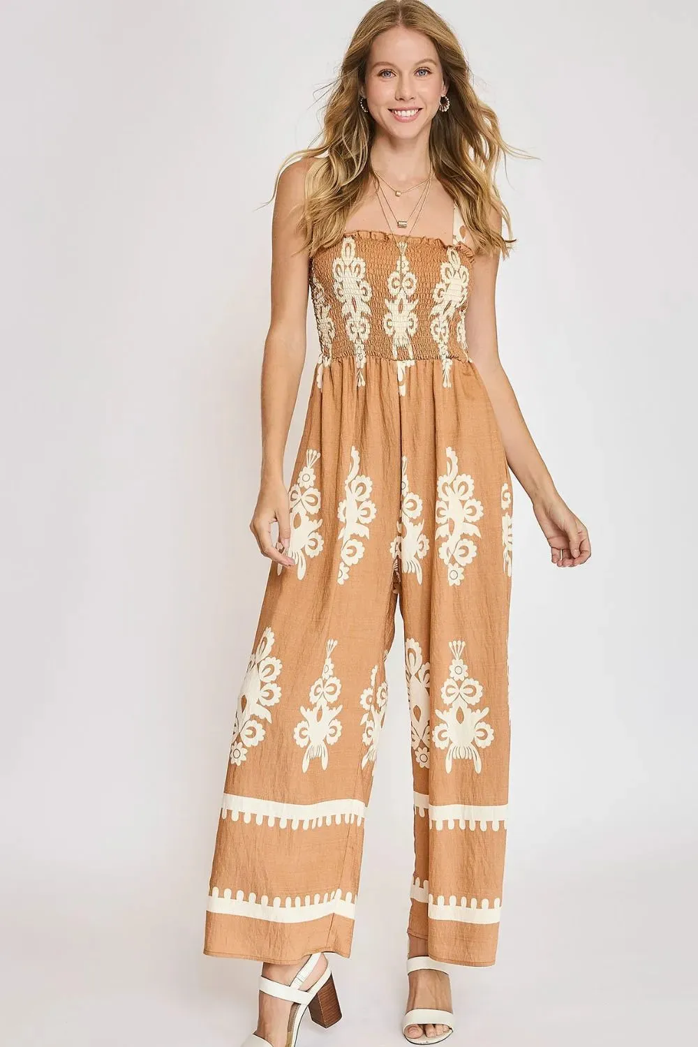 Umgee Full Size Smocked Printed Wide Leg Jumpsuit Plus Size sold by Gigi Laurent