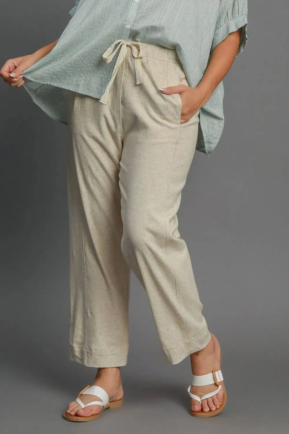 Umgee Full Size Drawstring Elastic Waistband Linen Blend Pants Plus Size sold by Gigi Laurent product image thumbnail 4