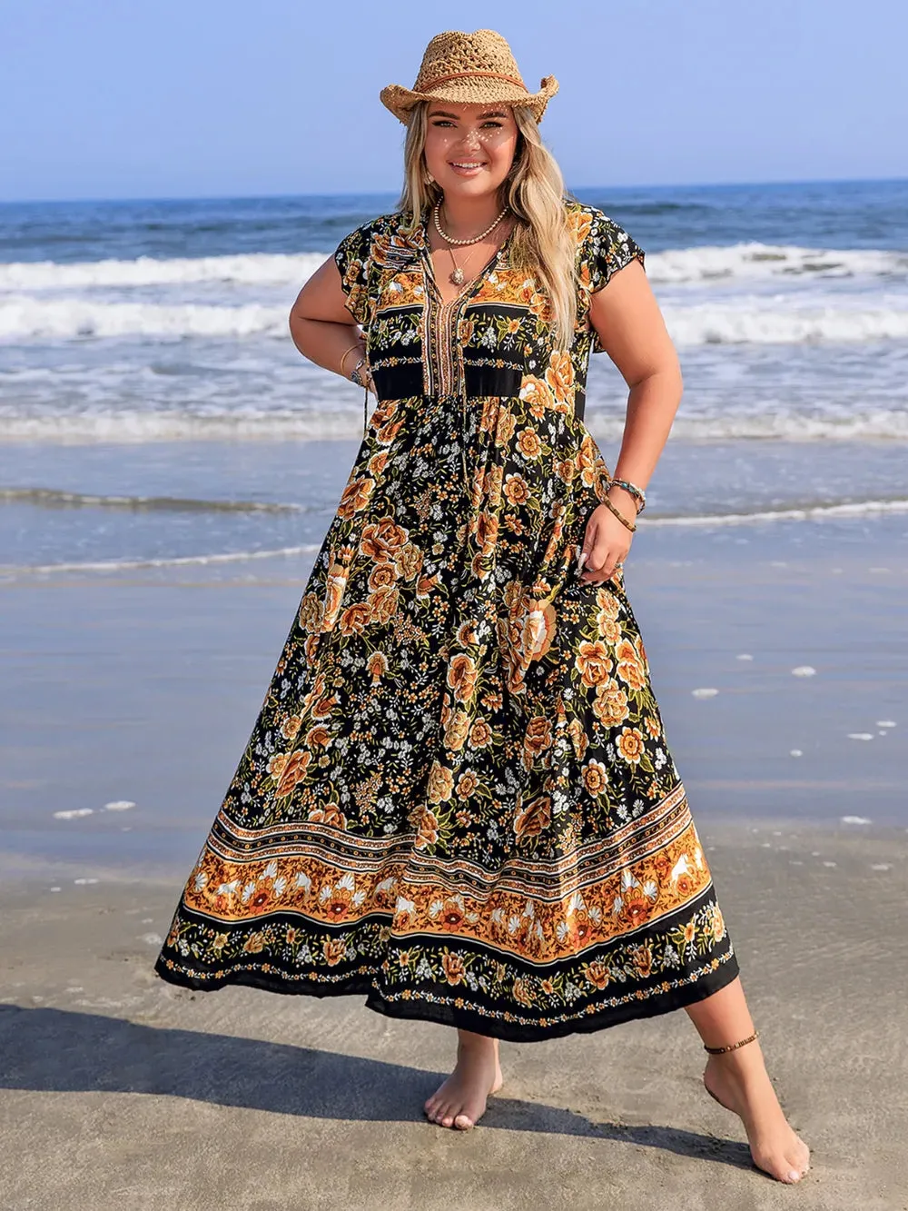 Plus Size Printed V-Neck Ruffle Cap Sleeve Maxi Dress sold by Gigi Laurent product image thumbnail 4