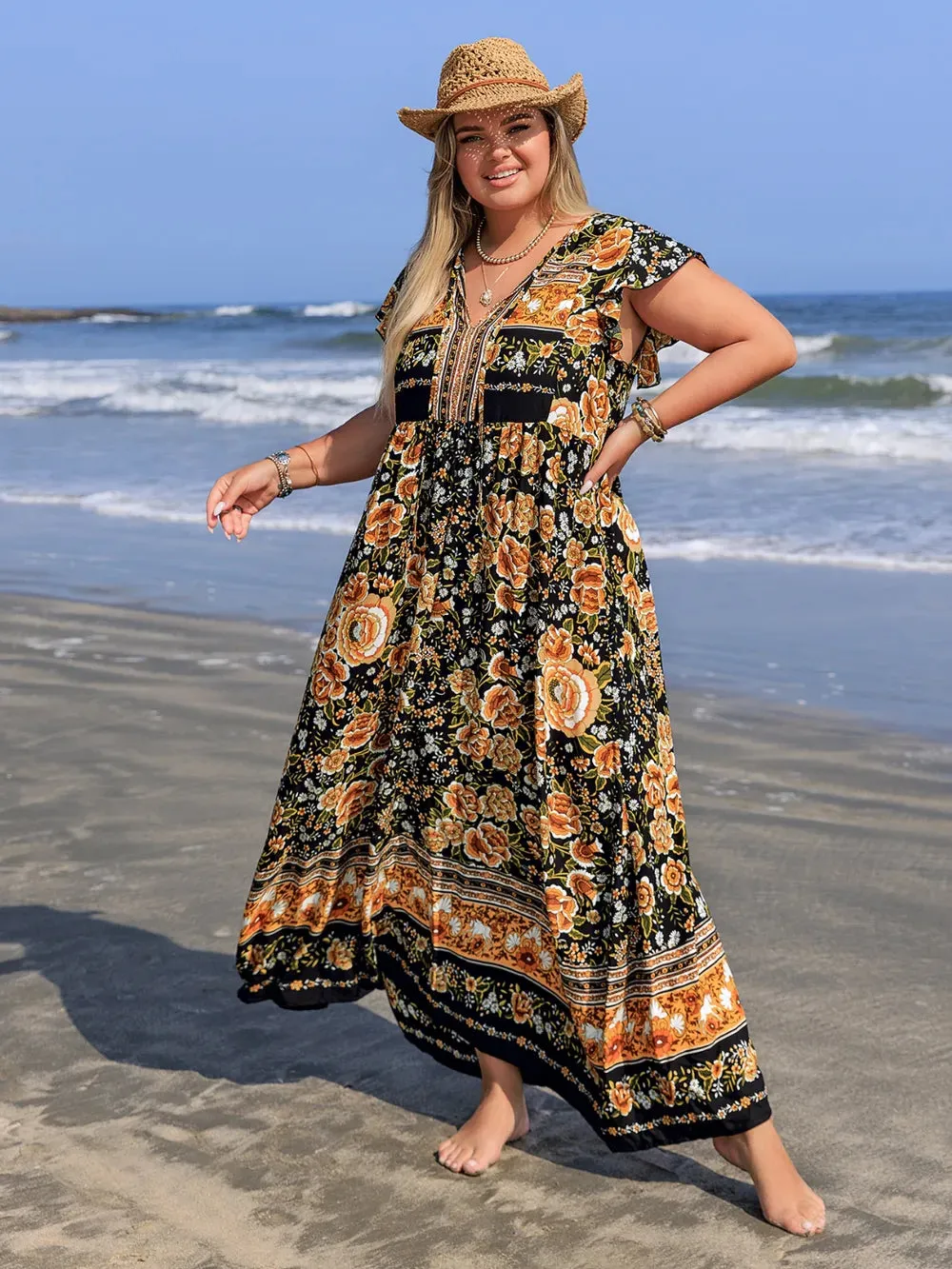 Plus Size Printed V-Neck Ruffle Cap Sleeve Maxi Dress sold by Gigi Laurent product image thumbnail 2