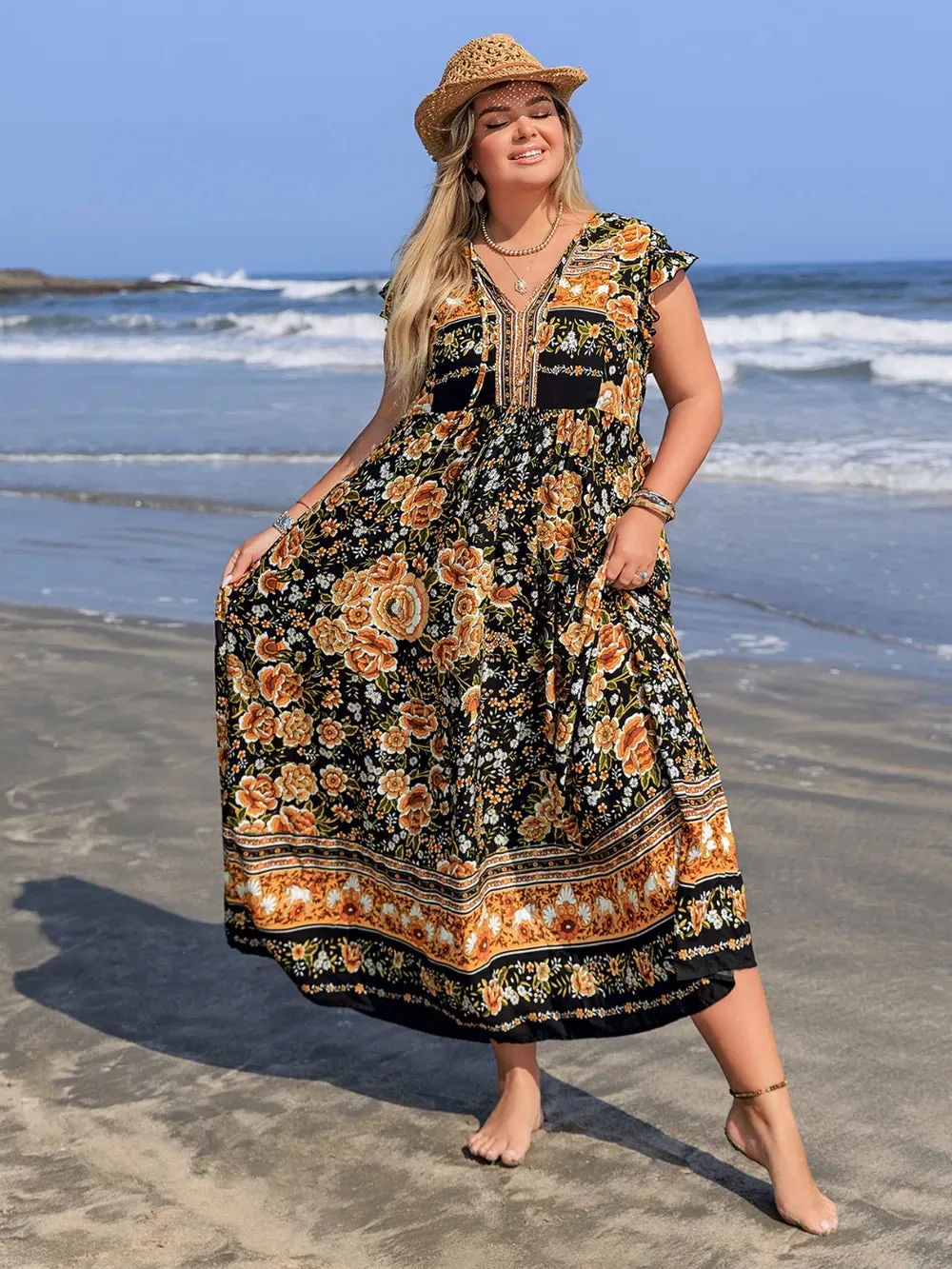 Plus Size Printed V-Neck Ruffle Cap Sleeve Maxi Dress sold by Gigi Laurent product image thumbnail 3