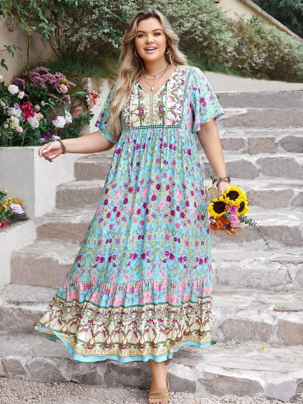 Plus Size Printed Tie Neck Flutter Sleeve Maxi Dress sold by Gigi Laurent product image thumbnail 3