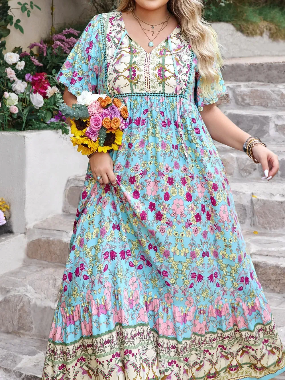 Plus Size Printed Tie Neck Flutter Sleeve Maxi Dress sold by Gigi Laurent product image thumbnail 5