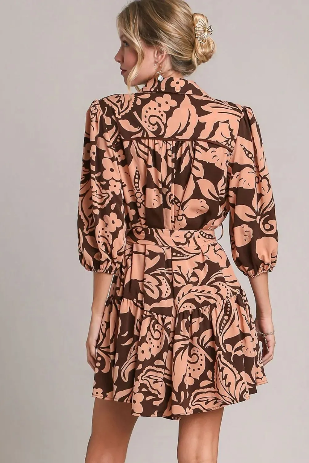 Umgee Full Size Two Tone Floral Print Puff Sleeve Tie Waist Dress Plus Size sold by Gigi Laurent product image thumbnail 4