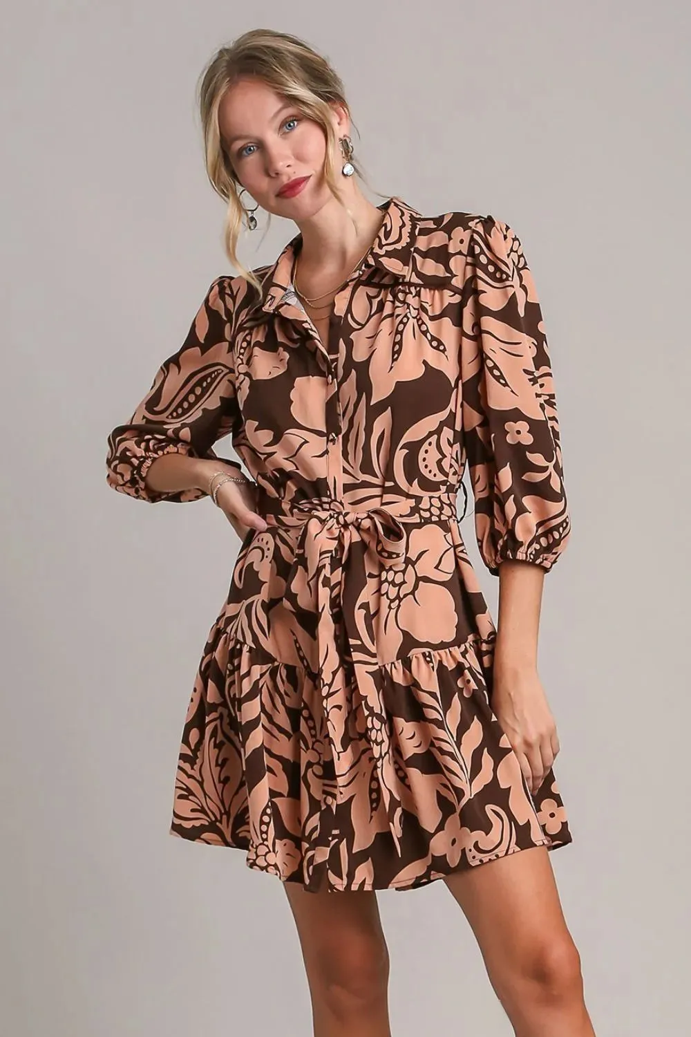 Umgee Full Size Two Tone Floral Print Puff Sleeve Tie Waist Dress Plus Size sold by Gigi Laurent product image thumbnail 2