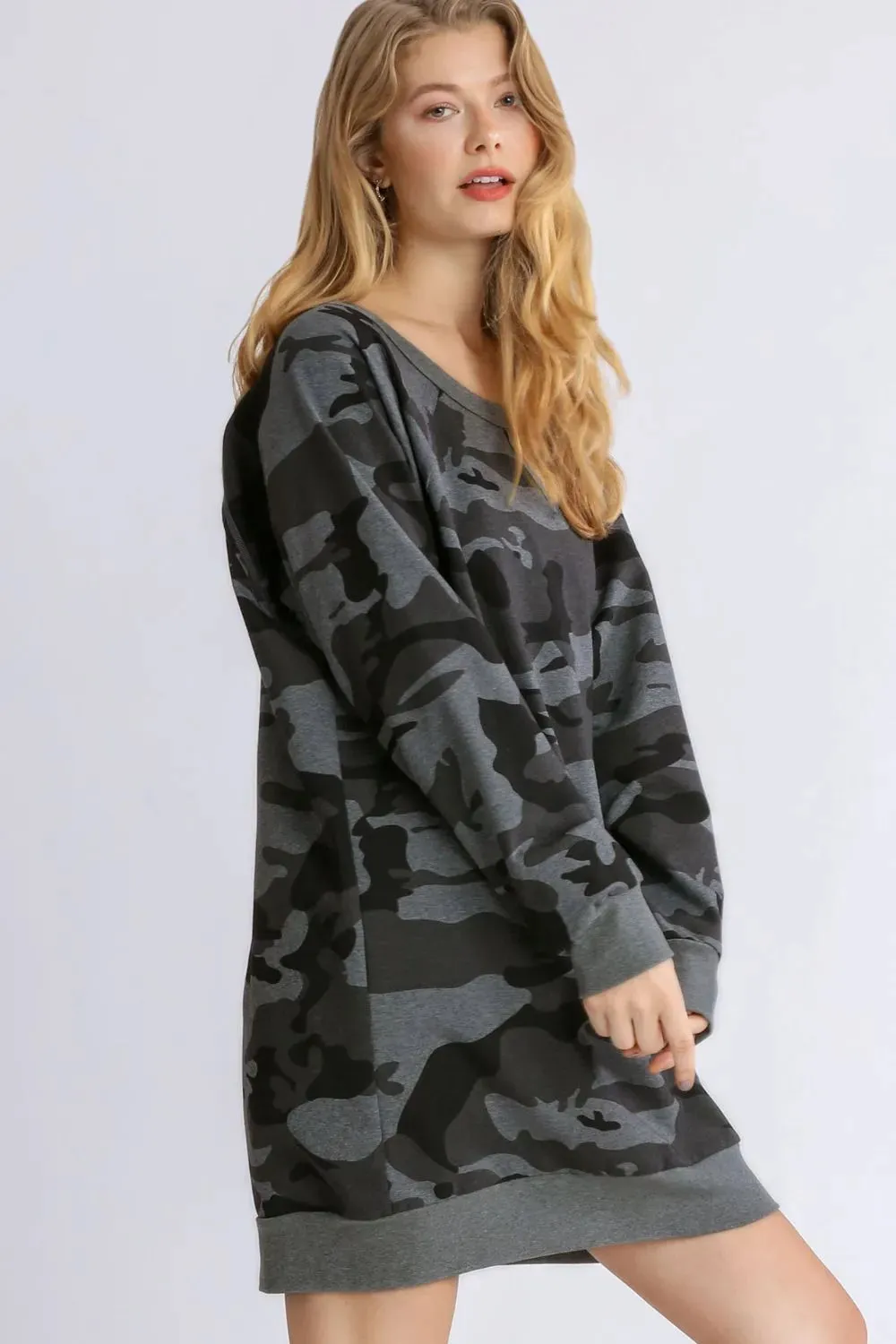 Umgee Full Size Camo Print Ribbed Hem French Terry Mini Dress Plus Size sold by Gigi Laurent product image thumbnail 4