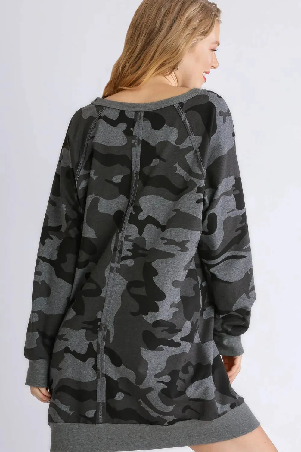 Umgee Full Size Camo Print Ribbed Hem French Terry Mini Dress Plus Size sold by Gigi Laurent product image thumbnail 3