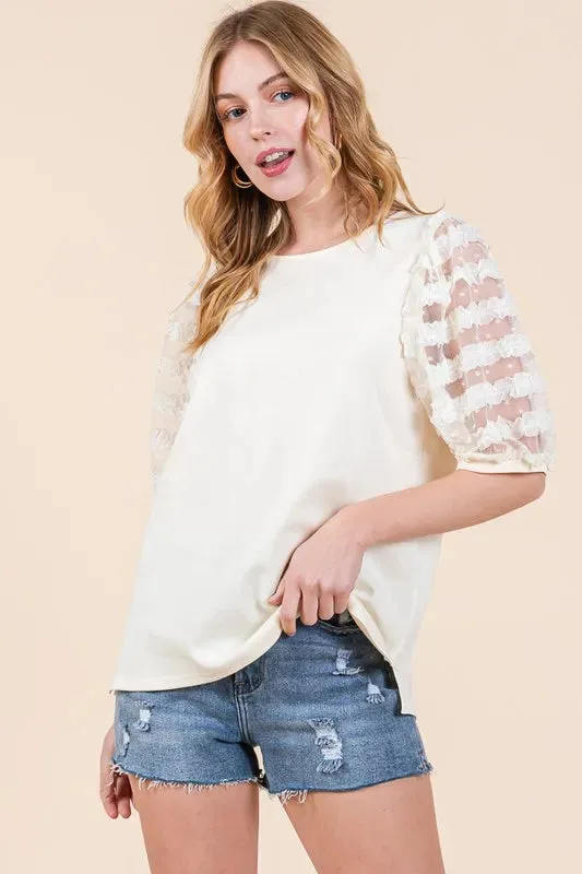 Lime 'N' Chili Full Size Lace Puff Sleeve Round Neck Top Plus Size sold by Gigi Laurent