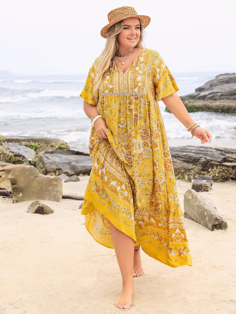 Plus Size Floral Tie Neck Flutter Sleeve Maxi Dress sold by Gigi Laurent product image thumbnail 4