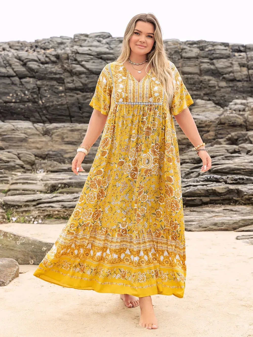 Plus Size Floral Tie Neck Flutter Sleeve Maxi Dress sold by Gigi Laurent product image thumbnail 2