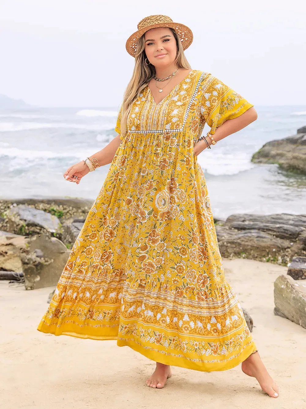 Plus Size Floral Tie Neck Flutter Sleeve Maxi Dress sold by Gigi Laurent product image thumbnail 3