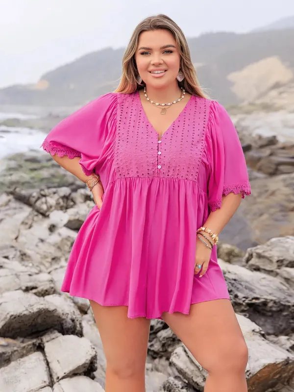 Plus Size Lace Detail V-Neck Half Sleeve Romper sold by Gigi Laurent