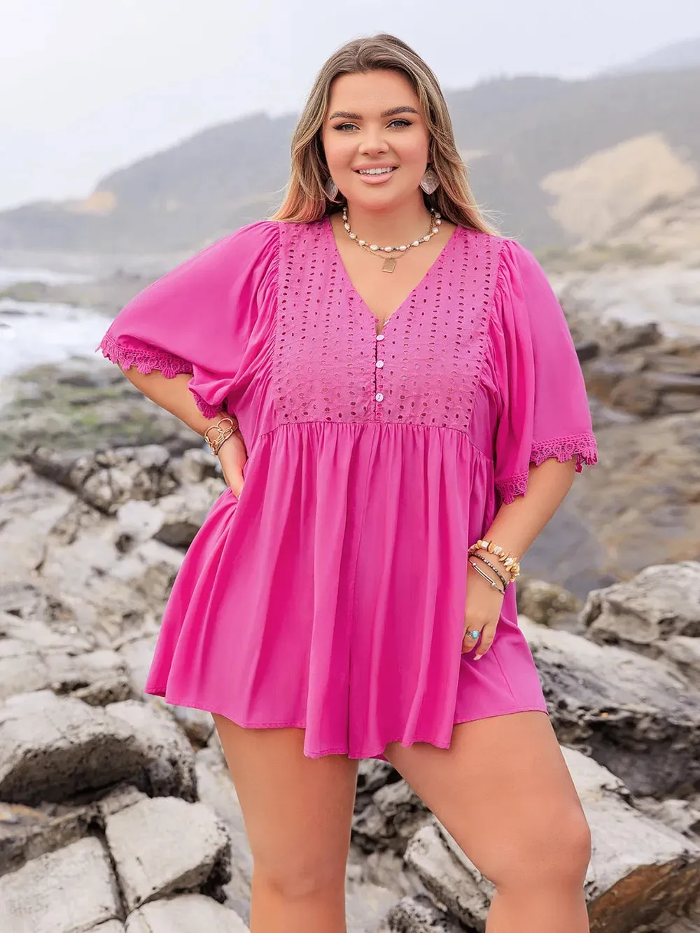 Plus Size Lace Detail V-Neck Half Sleeve Romper sold by Gigi Laurent