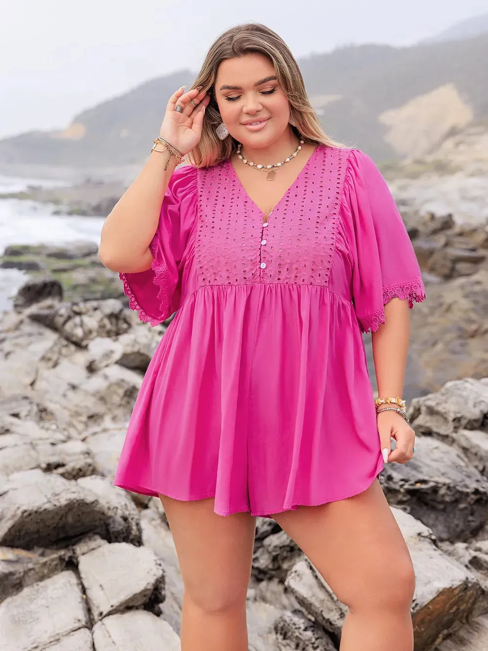 Plus Size Lace Detail V-Neck Half Sleeve Romper sold by Gigi Laurent product image thumbnail 5