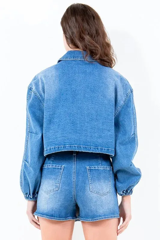 American Bazi Full Size Drop Shoulder Cropped Denim Jacket with Waist Strap Plus Size sold by Gigi Laurent product image thumbnail 3