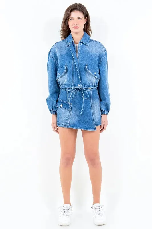 American Bazi Full Size Drop Shoulder Cropped Denim Jacket with Waist Strap Plus Size sold by Gigi Laurent product image thumbnail 4