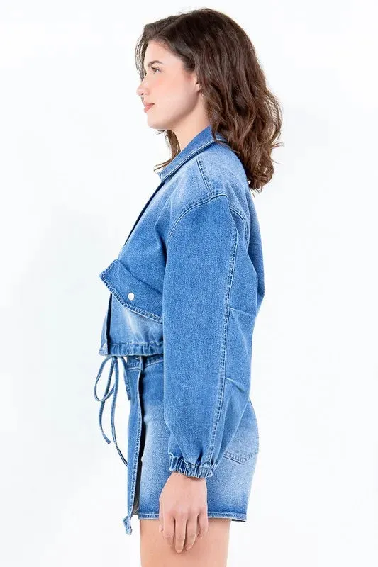 American Bazi Full Size Drop Shoulder Cropped Denim Jacket with Waist Strap Plus Size sold by Gigi Laurent product image thumbnail 2