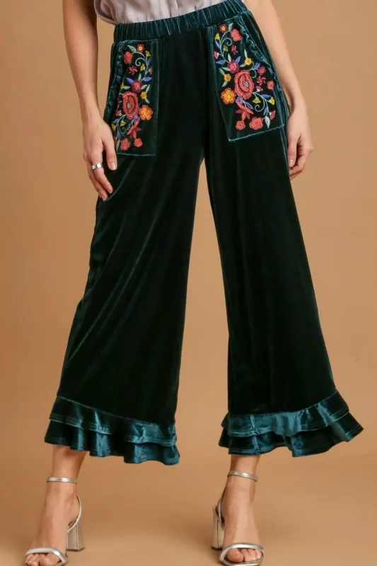Umgee Full Size Wide Fit Ruffle Velvet Pants with Embroidered Pockets Plus Size made by Gigi Laurent