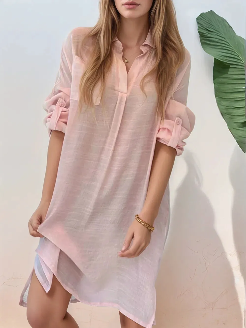 Full Size Side Slit Roll-Tab Sleeve Mini Shirt Dress Plus Size sold by Gigi Laurent product image thumbnail 4