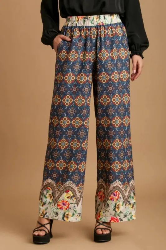 Umgee Full Size Mixed Print Elastic Waistband Pants Plus Size sold by Gigi Laurent