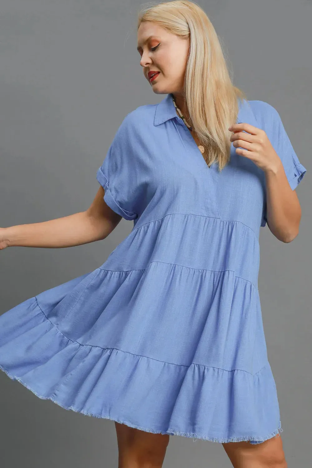 Umgee Full Size Raw Hem Folded Sleeve Tiered Dress Plus Size sold by Gigi Laurent product image thumbnail 2