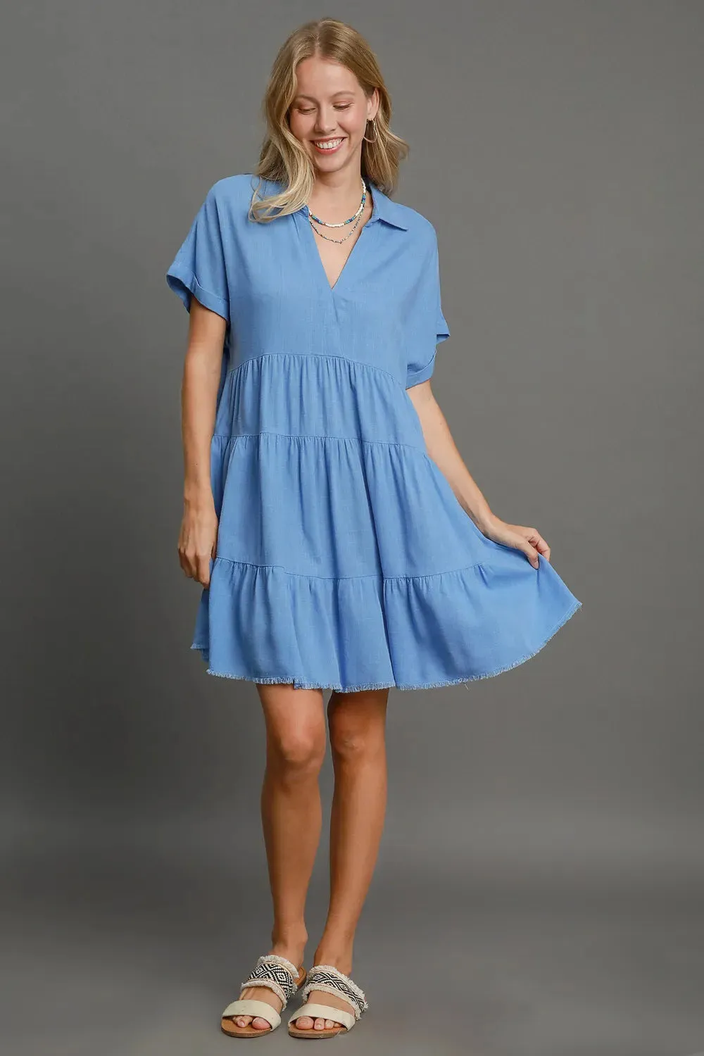 Umgee Full Size Raw Hem Folded Sleeve Tiered Dress Plus Size sold by Gigi Laurent