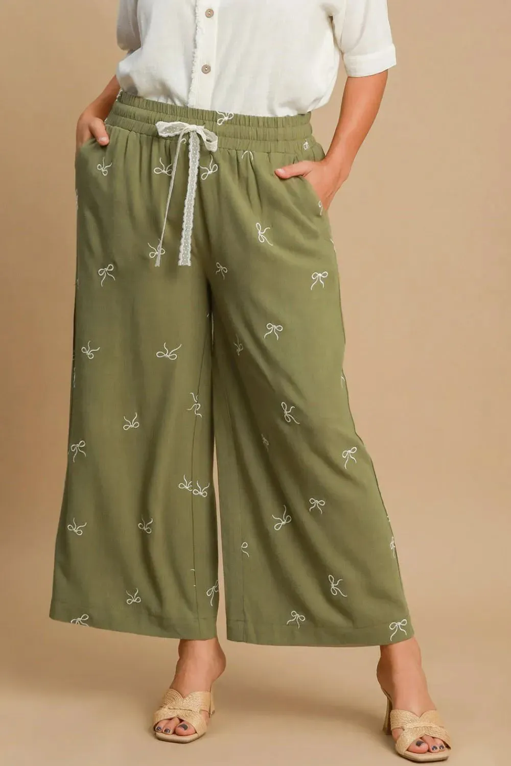 Umgee Full Size Lace Drawstring Embroidered Bow Wide Leg Pants Plus Size sold by Gigi Laurent product image thumbnail 5