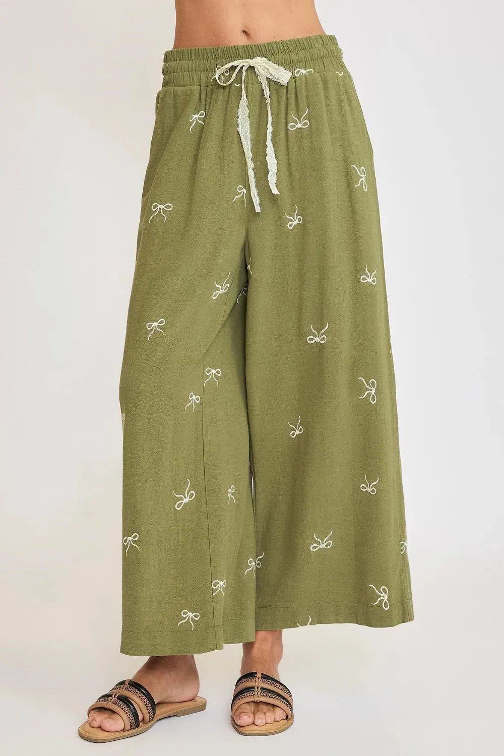 Umgee Full Size Lace Drawstring Embroidered Bow Wide Leg Pants Plus Size sold by Gigi Laurent