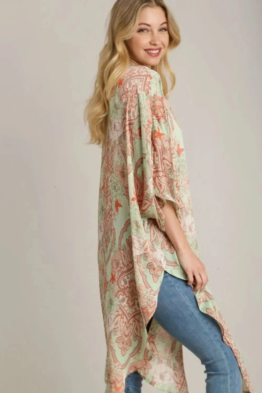 Umgee Full Size Mixed Print Open Front Kimono with Ruffle Sleeves Plus Size sold by Gigi Laurent product image thumbnail 2