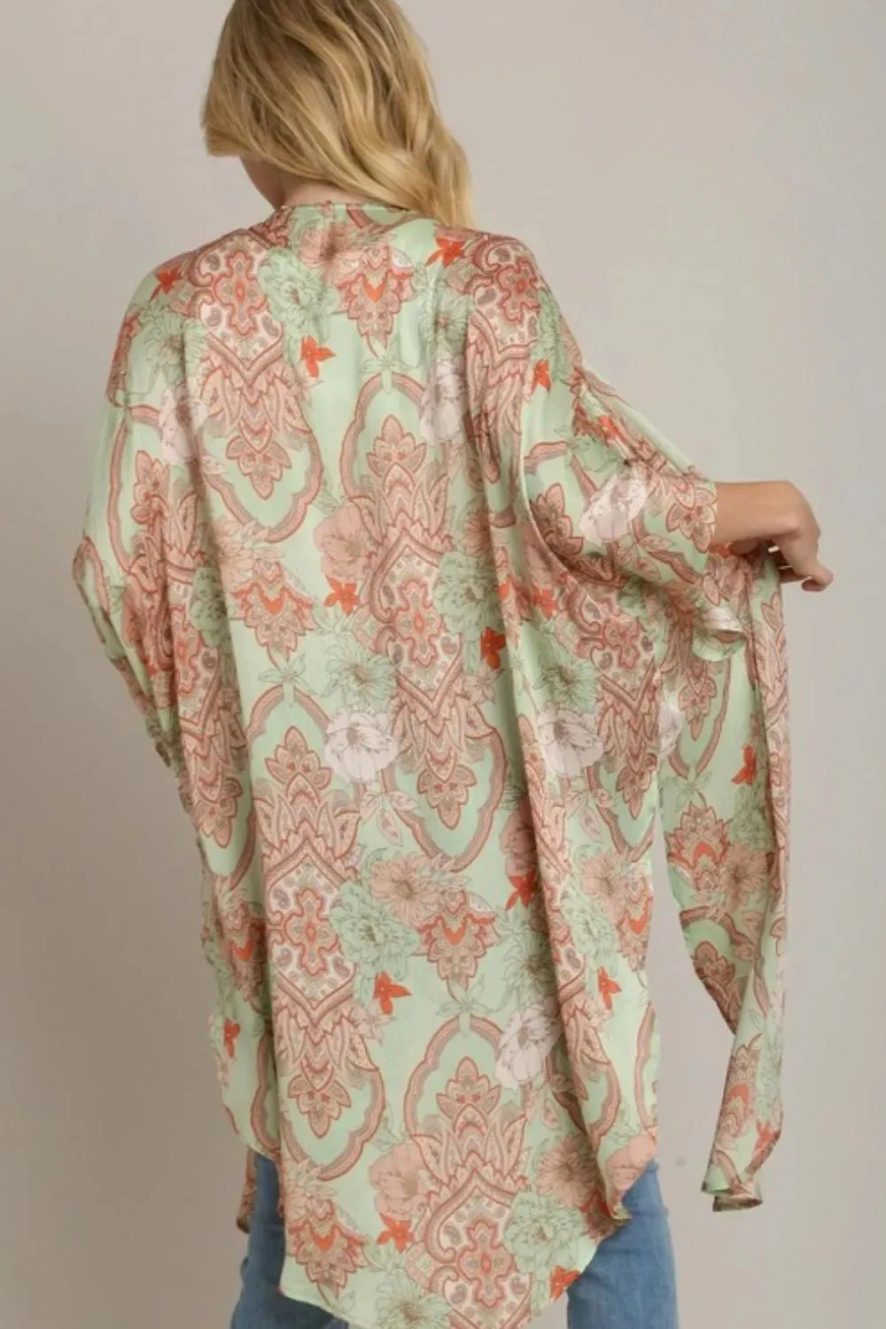 Umgee Full Size Mixed Print Open Front Kimono with Ruffle Sleeves Plus Size sold by Gigi Laurent product image thumbnail 3