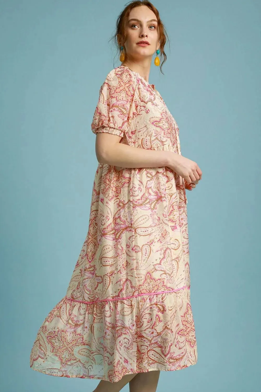 Umgee Full Size Printed Puff Short Sleeve Midi Dress Plus Size sold by Gigi Laurent product image thumbnail 2