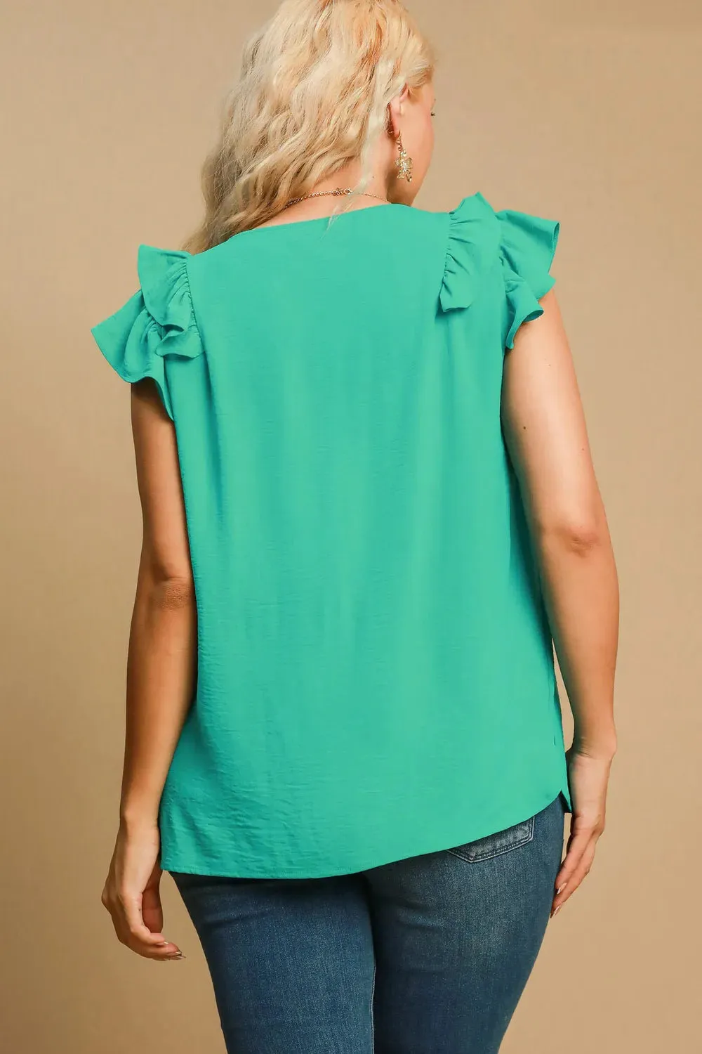 Umgee Full Size V-Neck Double Layered Ruffle Sleeve Blouse Plus Size sold by Gigi Laurent product image thumbnail 5