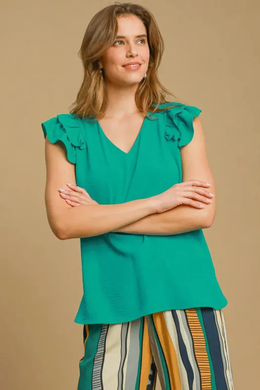 Umgee Full Size V-Neck Double Layered Ruffle Sleeve Blouse Plus Size sold by Gigi Laurent